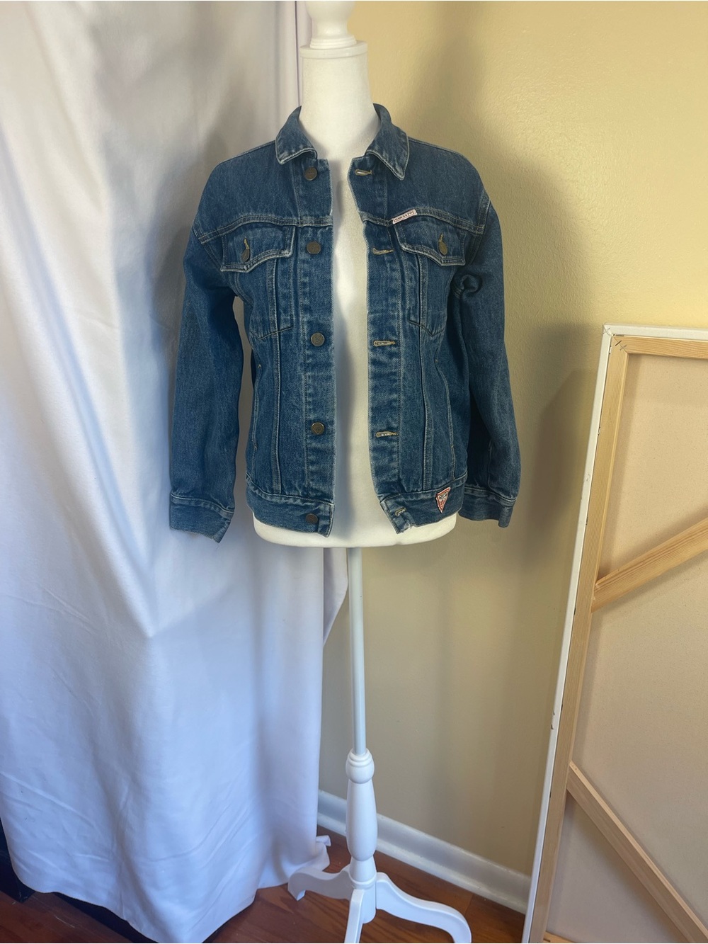 Vintage 80s Blue Denim Trucker Jacket S Made USA 100% Cotton Jean Jacket Logo